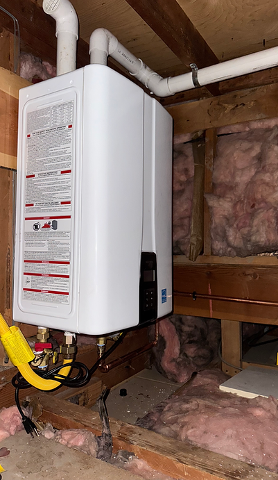 Heat pump water heater installed in a Bay Area garage